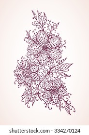 Hand drawn illustration of ornate flowers. In purple and beige colors.