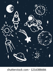 Hand drawn illustration with outer space. Print with drawing of astronaut, planets and rocket.