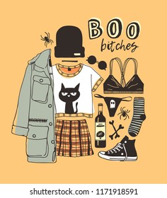 Hand drawn illustration Outfit Woman and Quote. Creative ink art work. Actual vector drawing Season Wear. Artistic isolated Halloween look and text: BOO bitches