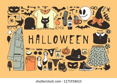 Hand drawn illustration Outfit Woman and Word. Creative ink art work. Actual vector drawing Season Wear. Artistic isolated Halloween look and text: Halloween