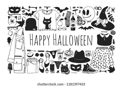 Hand drawn illustration Outfit Woman and Word. Creative ink art work. Actual vector drawing Season Wear. Artistic isolated Halloween look and text: Happy Halloween