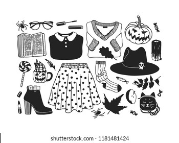 Hand drawn illustration Outfit Woman. Creative ink art work. Actual vector drawing Season Wear. Artistic isolated Halloween look