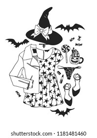 Hand drawn illustration Outfit Woman and Quote. Creative ink art work. Actual vector drawing Season Wear. Artistic isolated Halloween look and text: 