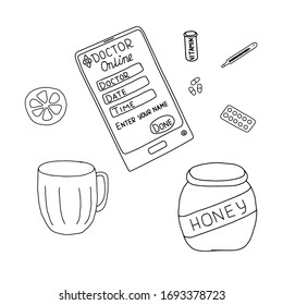 Hand drawn illustration, outline vector of online doctor consultation, elements of flu symptoms and measures for taking care, pills, vitamins, lemon, mug, thermometer, telephone, honey jar