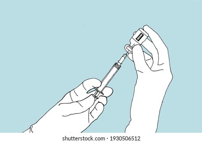 Hand drawn illustration of a pair of hands wearing gloves. The hands are pulling the vaccine out of the vial and into a syringe. Line drawing