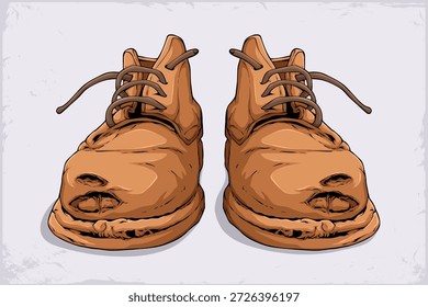Ilustração desenhada à mão de um par de botas marrons usadas velhas com cadarços soltos, vincos e buracos em um fundo texturizado leve