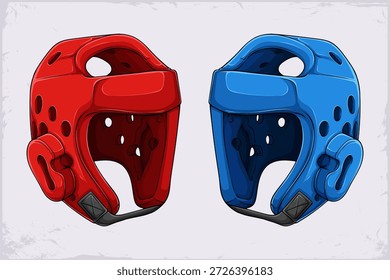 Hand drawn illustration of a pair of red and blue professional boxing helmets facing each other on a light textured background