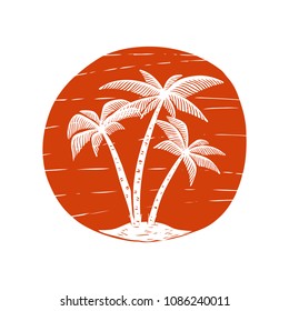 Hand drawn illustration with palms and sun. Design element for poster, card, banner, t shirt. Vector image