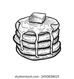 hand drawn illustration of pancakes with butter and syrup on top