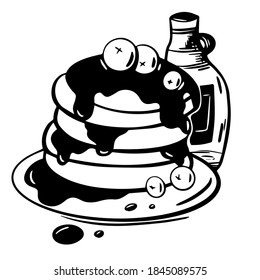 Hand drawn illustration of pancakes in syrup with blueberries in vector on white background. Sketch pancakes isolated. Illustration for menu, cafe, food packing