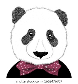 Hand drawn illustration of a panda head with a tie. Isolated cute fashion portrait on white background
