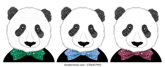 Hand drawn illustration of a panda head with a tie. Isolated cute fashion portrait on white background, set