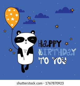 Hand drawn illustration, panda, stars, air balloon, english text. Colorful background vector. Poster design with animal. Happy birthday to you. Decorative backdrop, good for printing