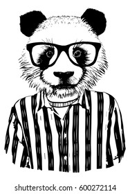 Hand drawn illustration of panda with sunglasses and shirt