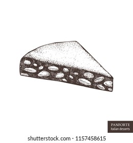 Hand drawn illustration of Panforte. Vector drawing of italian desserts on white background. Vintage food sketch for cafe or restaurant menu design.