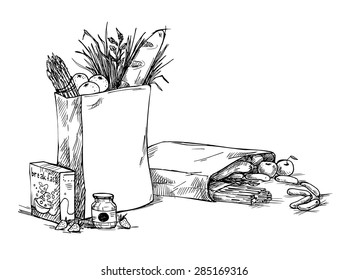 Hand drawn illustration - Paper Bags With Food. Sketch. Vector.