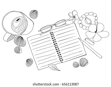 Hand drawn illustration with paper notebook, cup of coffee, glasses, flowers and shells. Top view . Summer vacation  Workplace Isolate on white background.