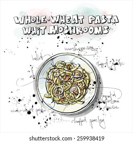 Hand drawn illustration of pasta recipe. Ingredients. Vector collection.