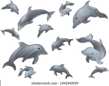 Hand drawn illustration pattern of vector swimming dolphins isolated on white background