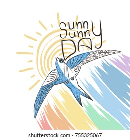 Hand drawn illustration with patterned swift and rainbow. Sunny day. Vector image