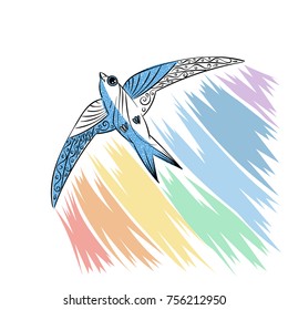 Hand drawn illustration with patterned swift and rainbow. Vector image