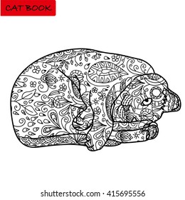 Hand drawn illustration with patterns. Coloring page for adults.  Funny cranky cat in the lying position