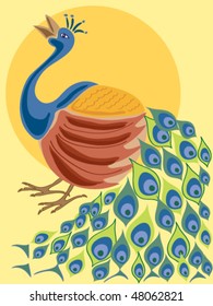 hand drawn illustration of a peacock calling against a bright sun background