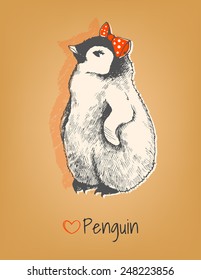 Hand drawn Illustration of penguin. Cute penguin girl with a bow.