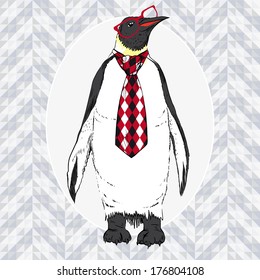 Handgezeichnete Illustration von Pinguin in Schal und Brille, Nerdmann