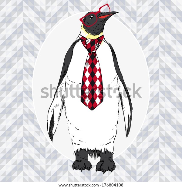スカーフと眼鏡をかけたペンギンの手描きのイラスト おたくの男 のベクター画像素材 ロイヤリティフリー