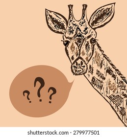 Hand drawn illustration of pensive giraffe, vector, doodle