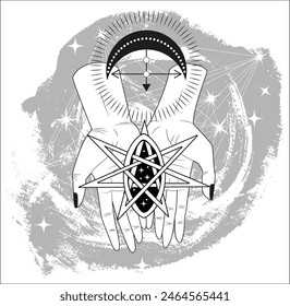 Hand drawn illustration with pentagram and witchy mystical symbols in hands of fortune teller or witch. Tattoo, poster or altar print design concept, esoteric, wicca and gothic background