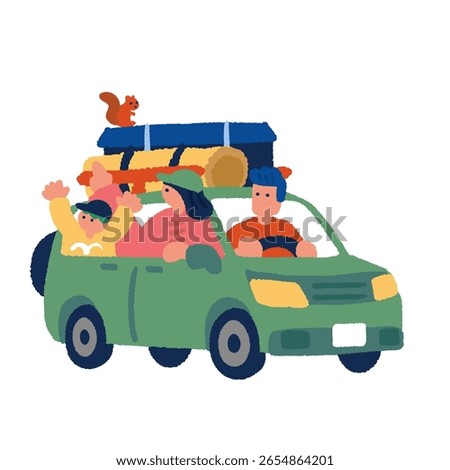 Hand drawn illustration of people going camping in a car