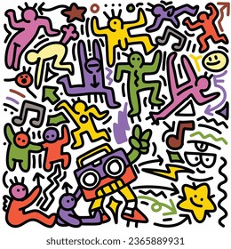 Hand drawn illustration of people having fun at a party in doodle style ,Illustration Vector 