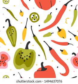 hand drawn illustration of pepper variety, seamless vector repeat pattern. Handdrawn vegetables background texture for textile fabric or wrapping paper. Hot and sweet pepper different kinds of pepper.