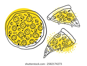 Hand drawn illustration of pepperoni pizza. Dish collection template for menu design. Engraved style hand drawn sketch, vector illustration. 