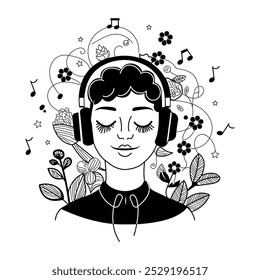 Una ilustración dibujada a mano de una persona que escucha música tranquila