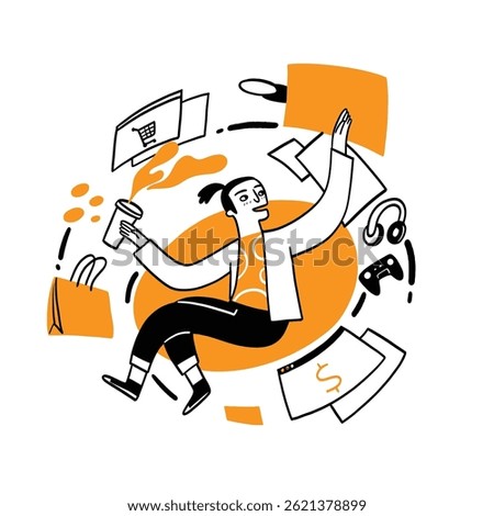 Hand drawn illustration of a person surrounded by shopping related icons such as shopping cart, bag, money, headphones, game controller, holding coffee, conveying online shopping.