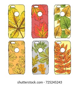 Hand drawn illustration of phone accessories isolated from background. Cases for phone with autumn print. Autumn leaves. Vector.
