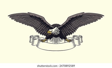 Hand Drawn Illustration of Pierce American Eagle Perched on Ribbon