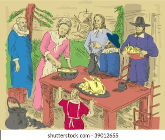 hand drawn illustration of Pilgrims celebrating first thanksgiving dinner