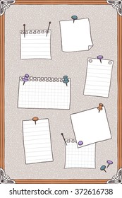 Hand drawn illustration of pin board, pins, needles, and empty note papers