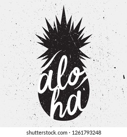 Hand drawn illustration with pineapple and lettering. Black and white background vector, text. Poster design, Aloha. Decorative backdrop, good for printing