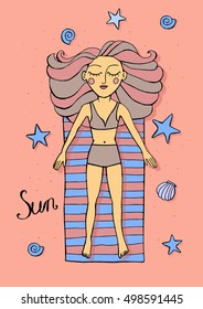 Hand drawn illustration of a pink haired woman lying on a towel on a beach. Closed eyes, sunbathing.