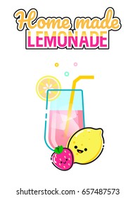 Hand drawn illustration of pink lemonade glass with strawberry and lemon on a white background. Home made lemonade lettering