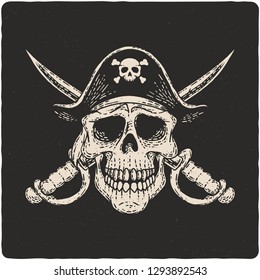 Hand drawn illustration of pirate skull. Isolated on dark background.