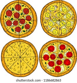 Hand drawn illustration of pizza in cartoon style. Perfect for menu, card, textile design