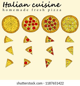 Hand drawn illustration of pizza in cartoon style. Perfect for menu, card, textile design