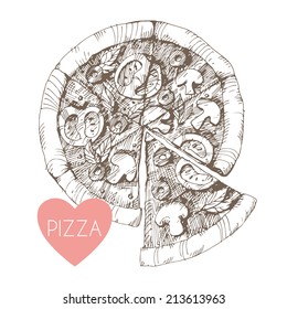 Hand drawn illustration of pizza. EPS 10. No transparency. No gradients.