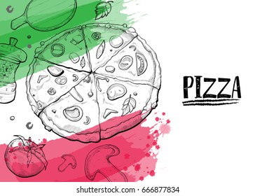 hand drawn illustration of pizza on background design